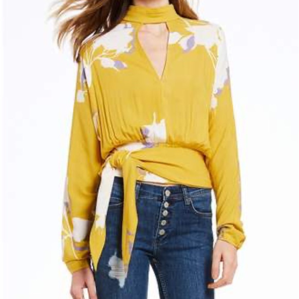 Free People Say You Love Me Yellow Floral Tie Waist Blouse